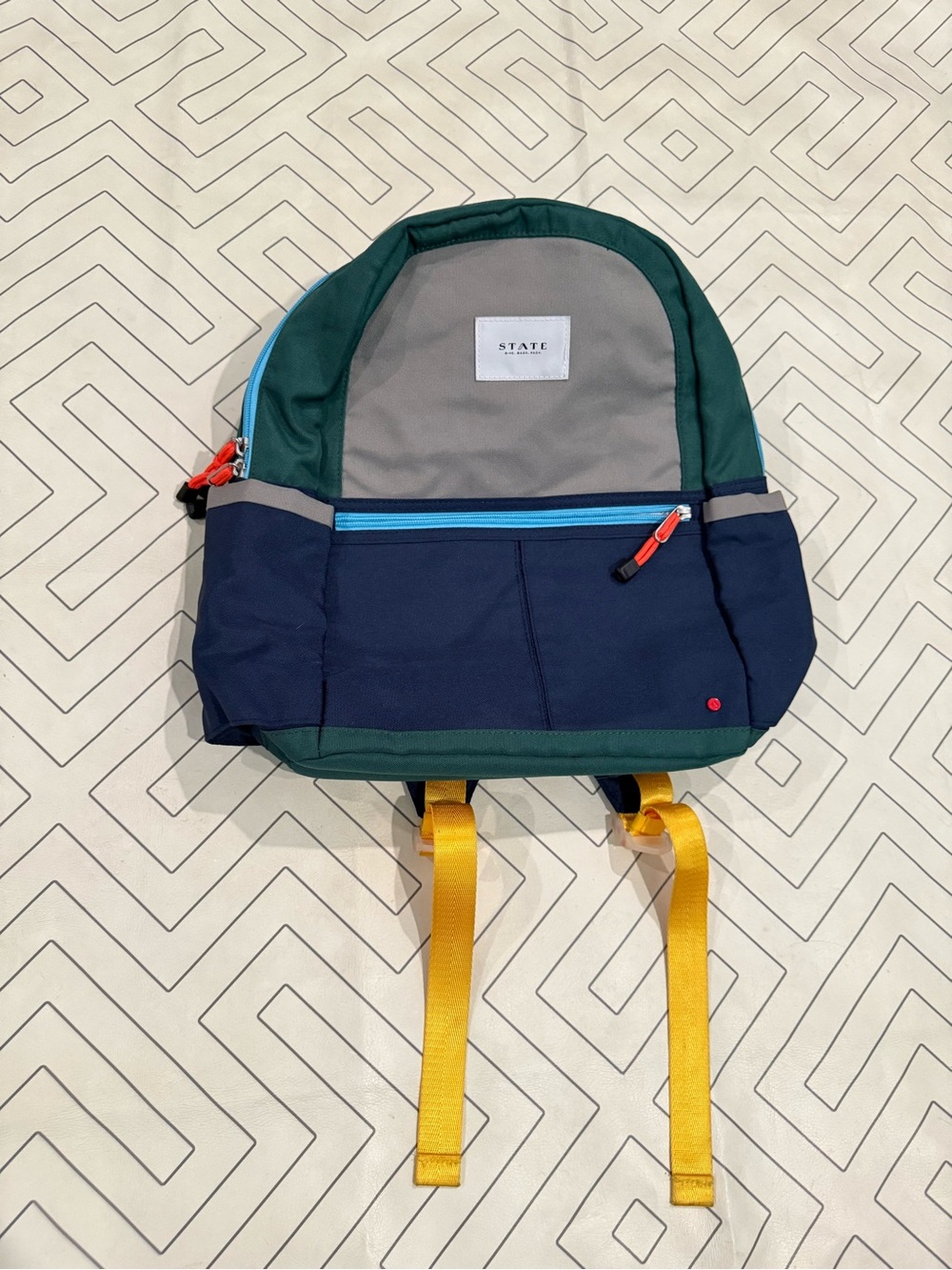 STATE Colorblock Backpack in Green, Navy & Gray with Yellow Detail